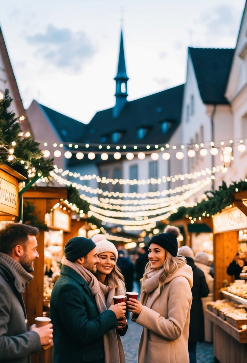 A cozy Christmas market with twinkling lights, festive stalls, and couples enjoying hot drinks and holiday treats