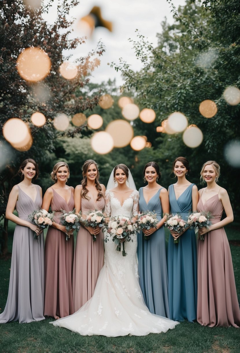 Mismatched bridesmaid dresses in dusty rose and dusty blue, arranged in a whimsical and romantic wedding setting