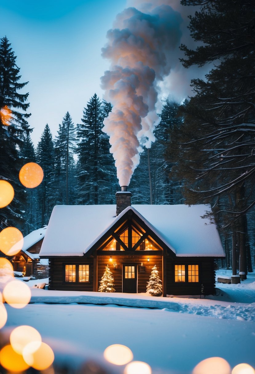 A snow-covered cabin nestled in the woods, smoke billowing from the chimney, surrounded by twinkling lights and a warm glow from the windows