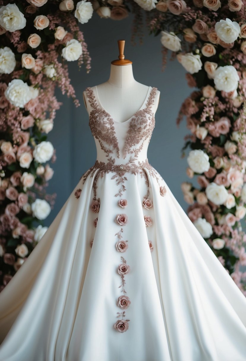 A white bridal gown adorned with dusty rose details, surrounded by dusty rose wedding decor and flowers