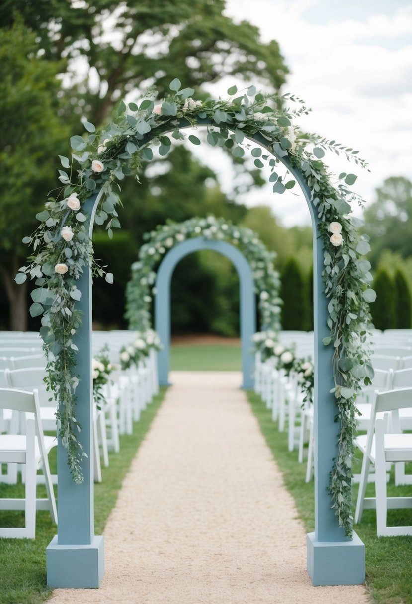 Dusty blue wedding arches adorned with sage green foliage create a romantic and elegant atmosphere