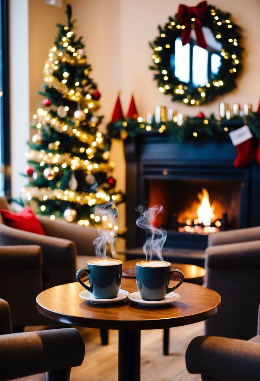 A cozy coffee shop adorned with twinkling lights, a crackling fireplace, and festive decorations. Two mugs of steaming hot drinks sit on a table, surrounded by cozy armchairs