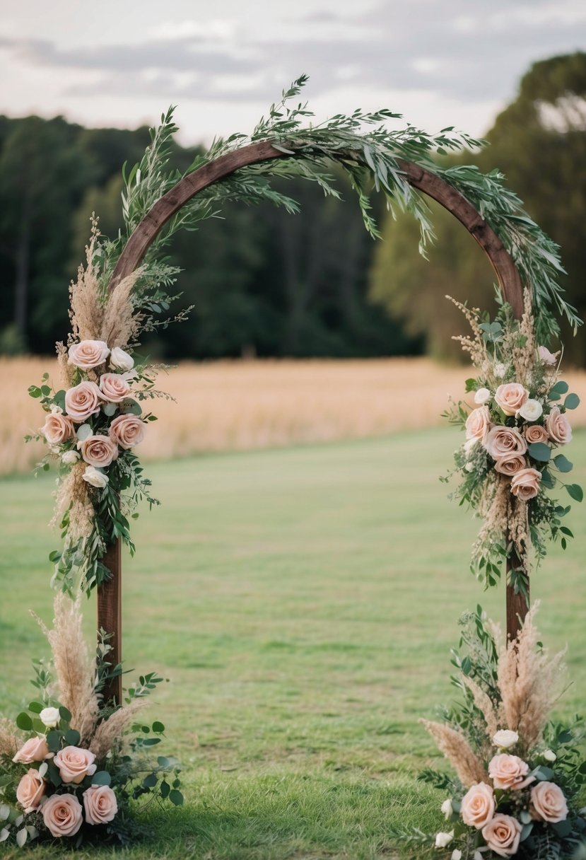 A rustic wedding arch adorned with dusty rose flowers and greenery