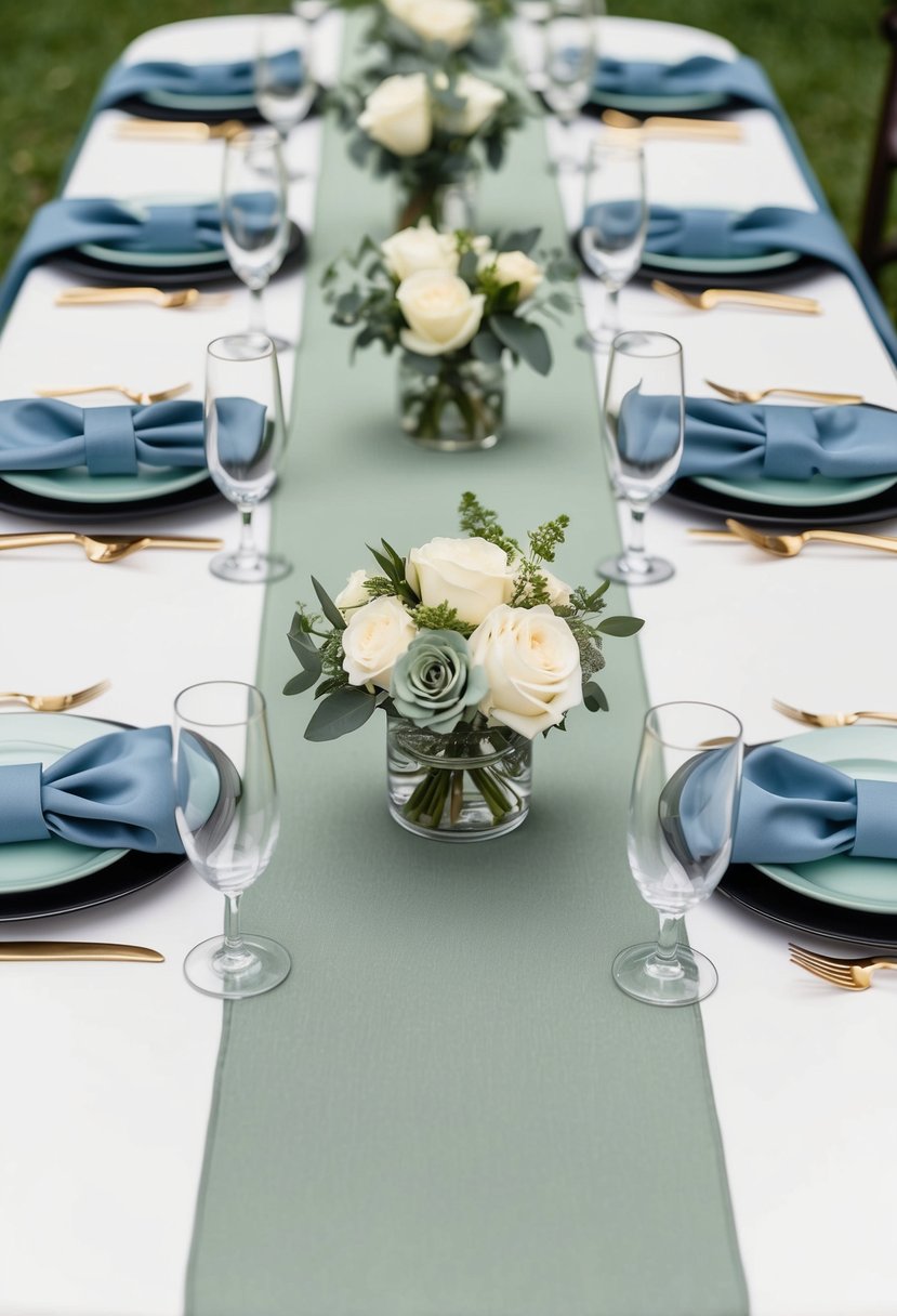 Sage green and dusty blue table runners arranged on a reception table