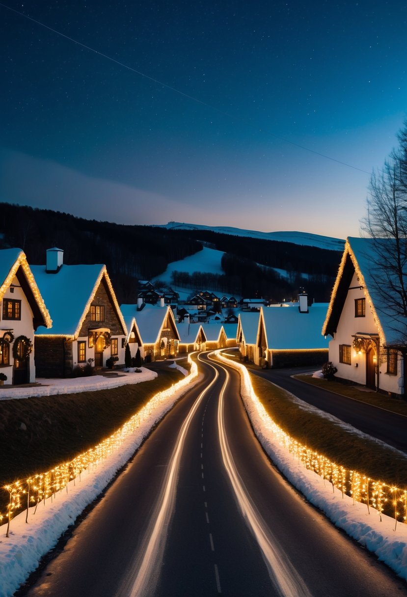 A winding road lined with twinkling Christmas lights, leading to a cozy village with snow-capped cottages and a starry night sky above