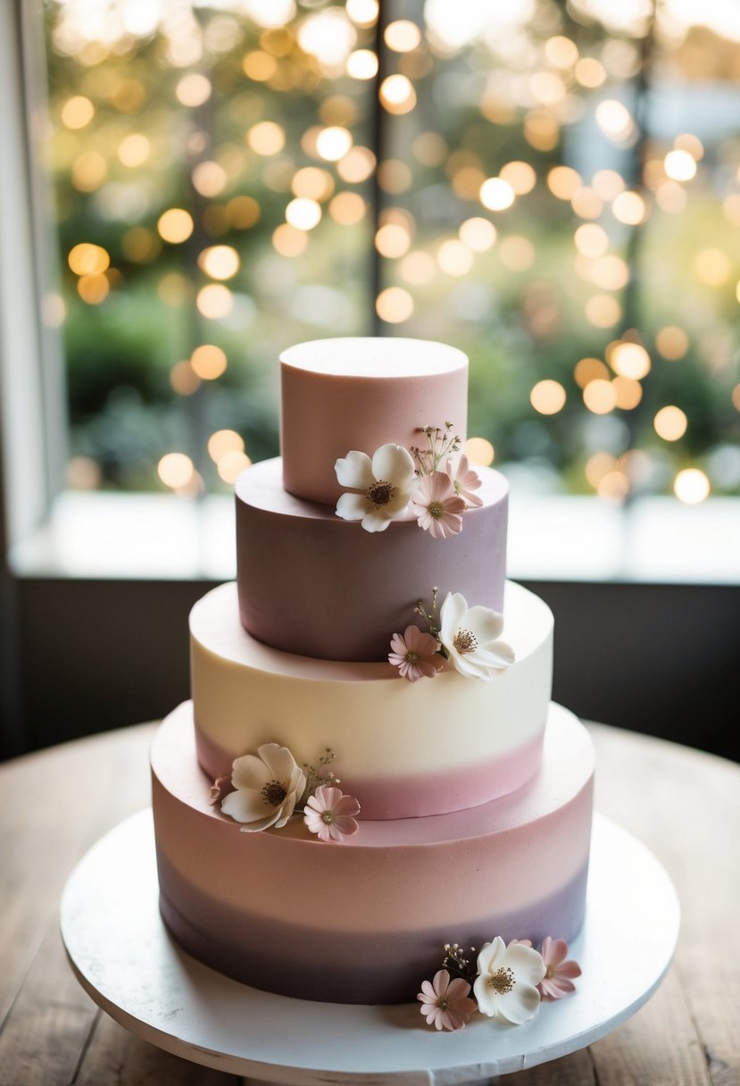 A three-tiered ombré cake in dusty rose, adorned with delicate sugar flowers