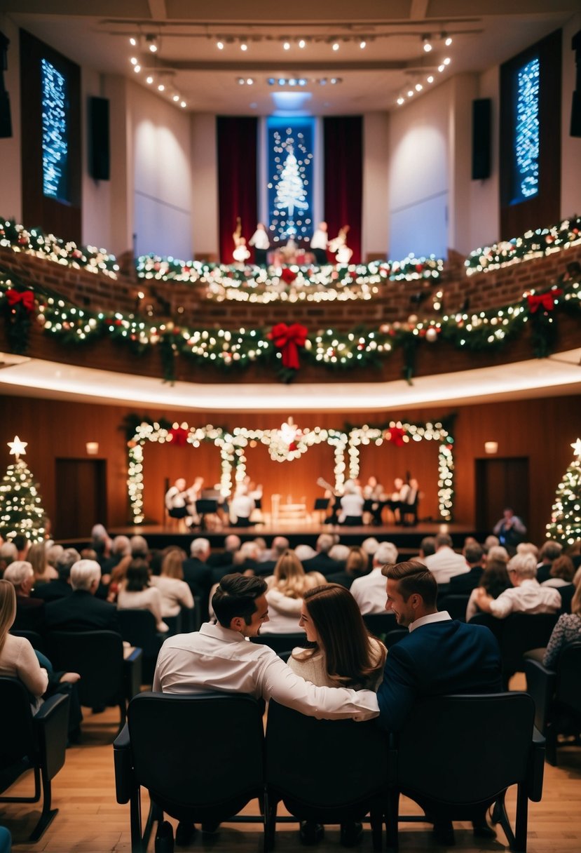 A cozy concert hall with twinkling lights, a stage adorned with holiday decorations, and couples snuggled in their seats, enjoying a romantic Christmas performance