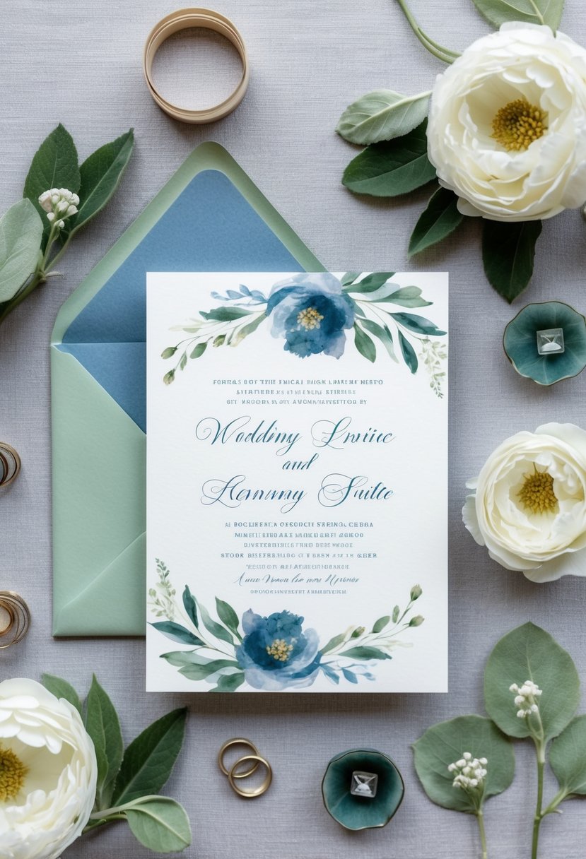 A serene wedding invitation suite with dusty blue and sage green colors, featuring delicate floral motifs and elegant calligraphy