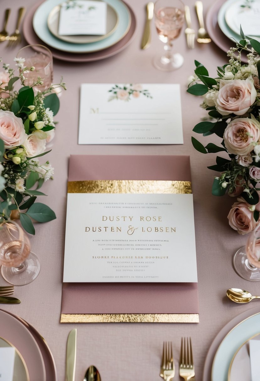 Dusty rose wedding invitations with gold foil accents, surrounded by floral arrangements and elegant table settings in the same color scheme