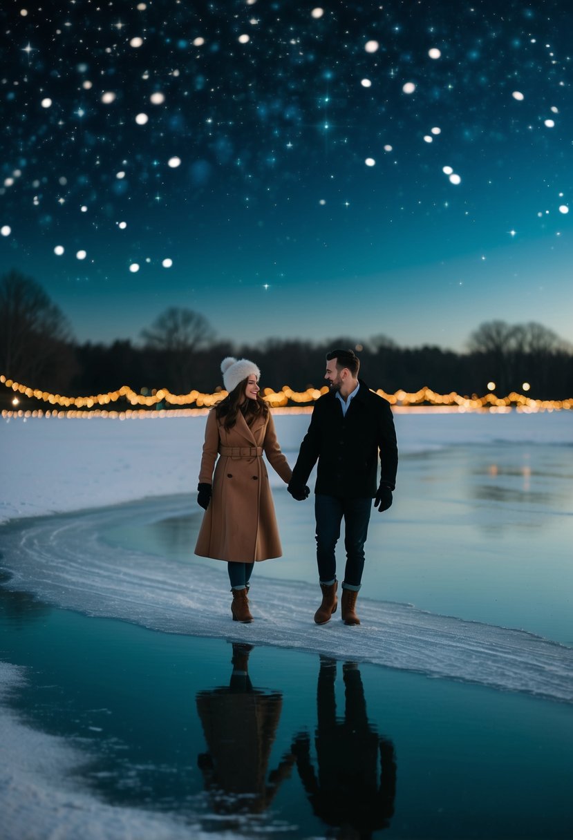 A couple gracefully glides across a frozen pond, surrounded by twinkling stars and the soft glow of Christmas lights