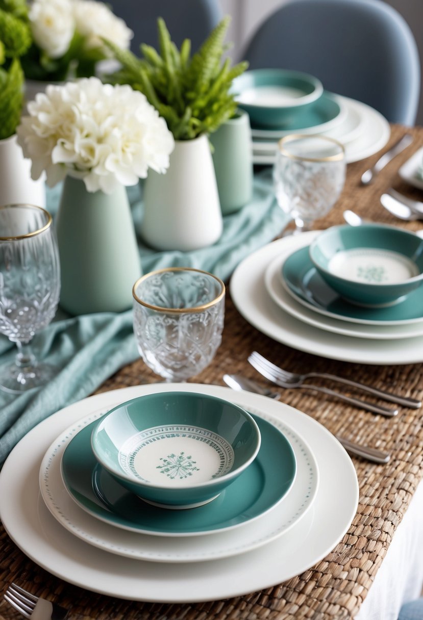 A table set with sage green and dusty blue decor, accented with white