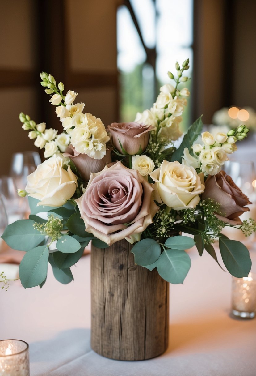 Dusty rose and ivory flowers arranged in a rustic wooden vase for a wedding centerpiece