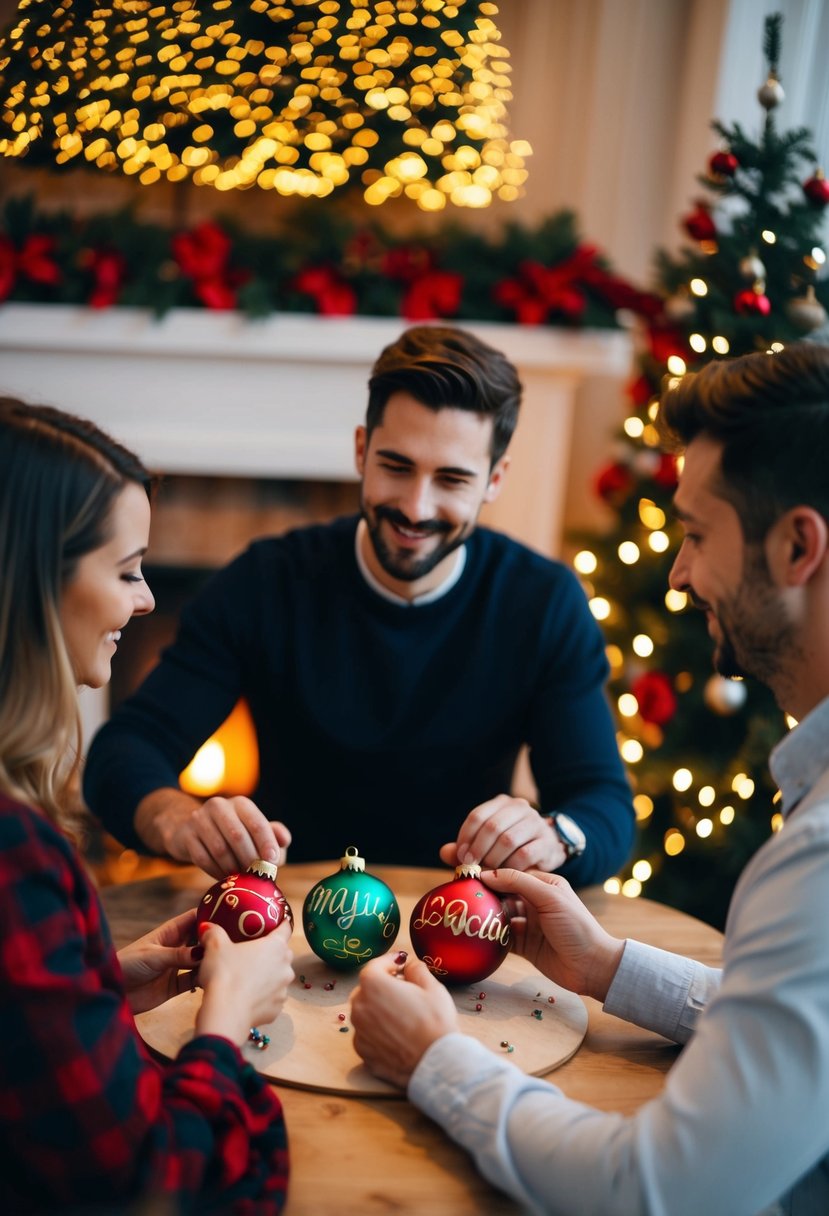 A couple sits at a table, crafting personalized ornaments together. A cozy fireplace and twinkling Christmas lights create a romantic atmosphere