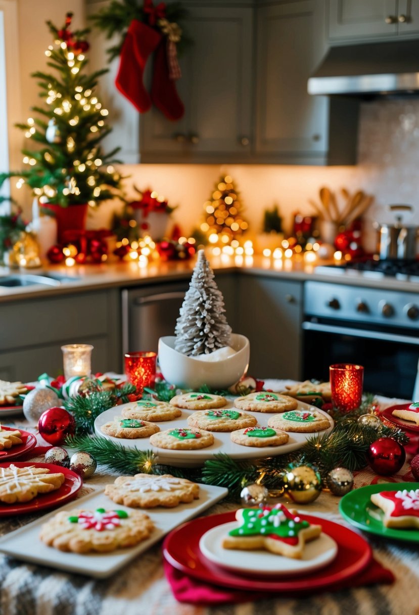 A cozy kitchen with a festive table spread, featuring freshly baked and decorated Christmas cookies, surrounded by holiday decorations and twinkling lights