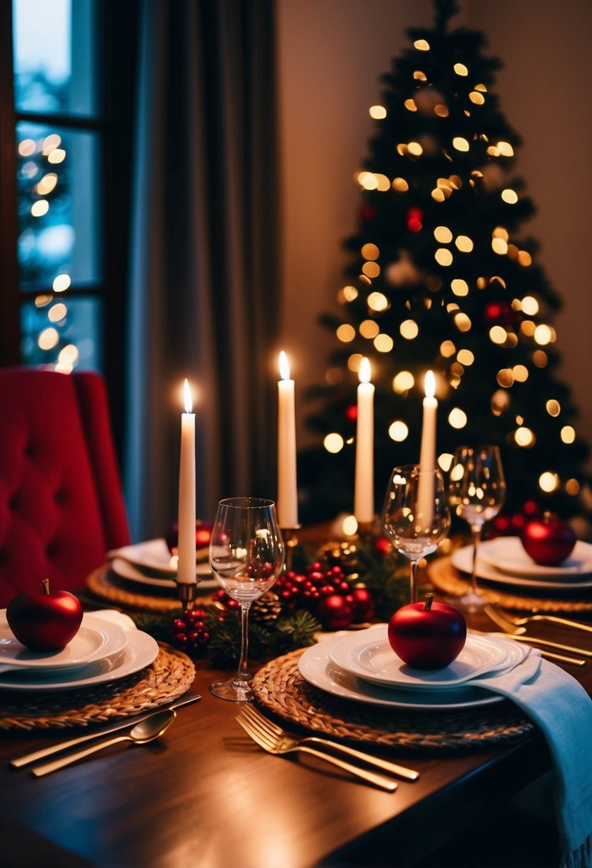 A cozy dining table set for two with candlelight and festive decor