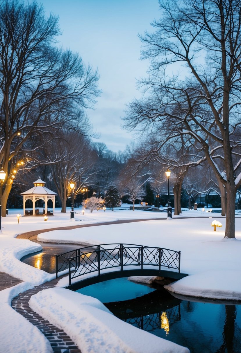 A snow-covered park with a winding path, leafless trees, and a small bridge over a frozen pond. Twinkling lights and a cozy gazebo add to the romantic ambiance