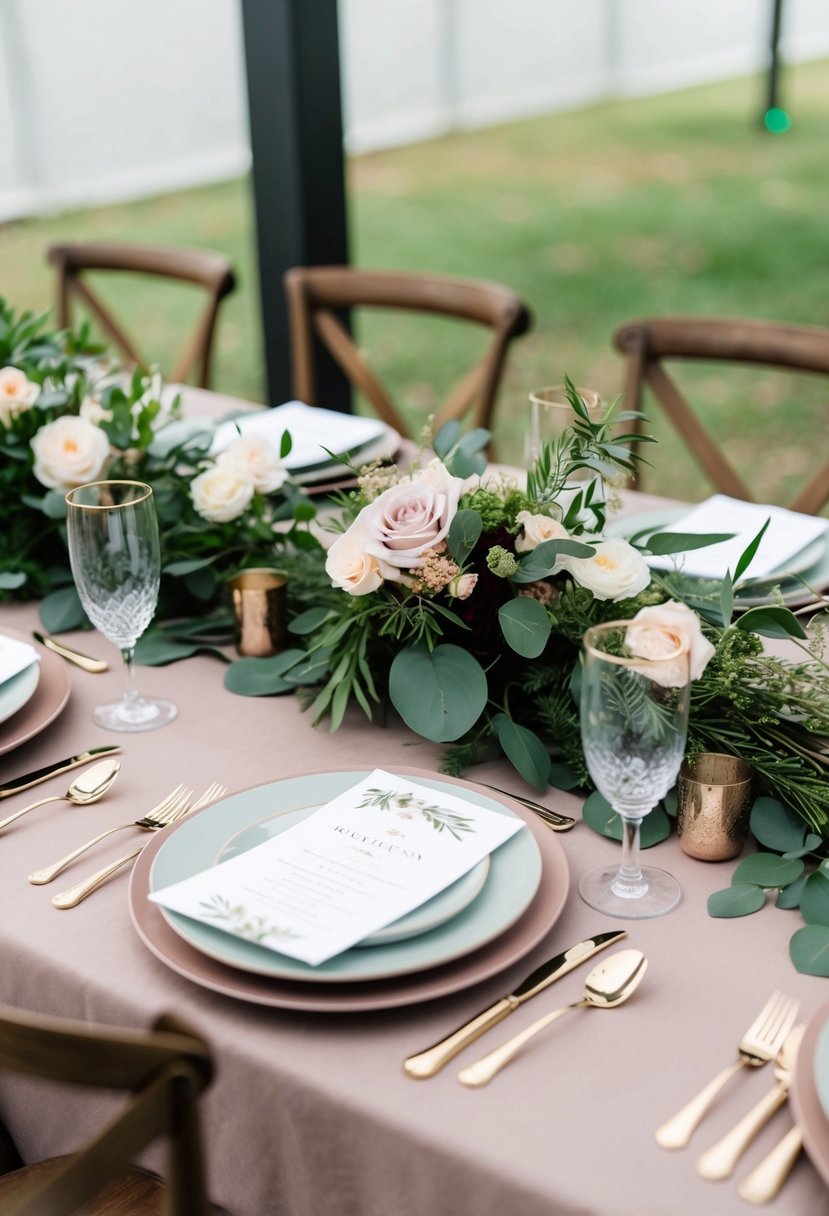 A table set with dusty rose linens, adorned with greenery and floral centerpieces