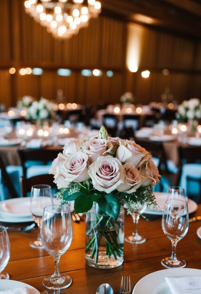 Dusty rose centerpieces adorn wooden tables at a wedding reception