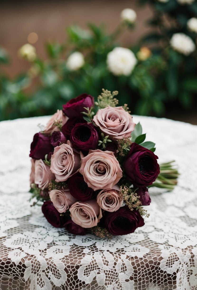 A bouquet of dusty rose and burgundy flowers on a lace tablecloth