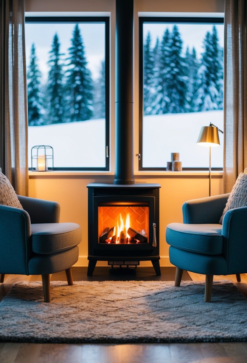 A crackling fireplace surrounded by cozy armchairs, with a snowy winter landscape visible through the window