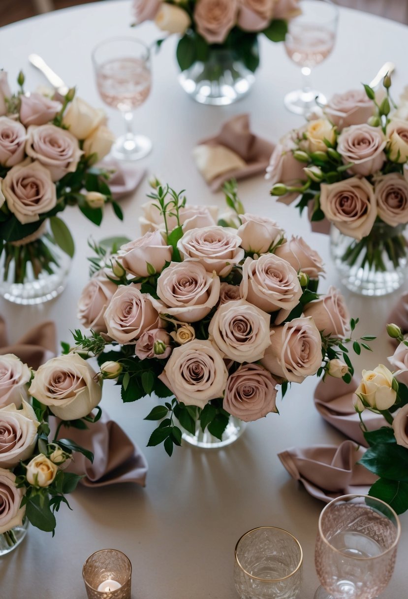 A table adorned with elegant dusty rose wedding bouquets, surrounded by dusty rose decor and accents