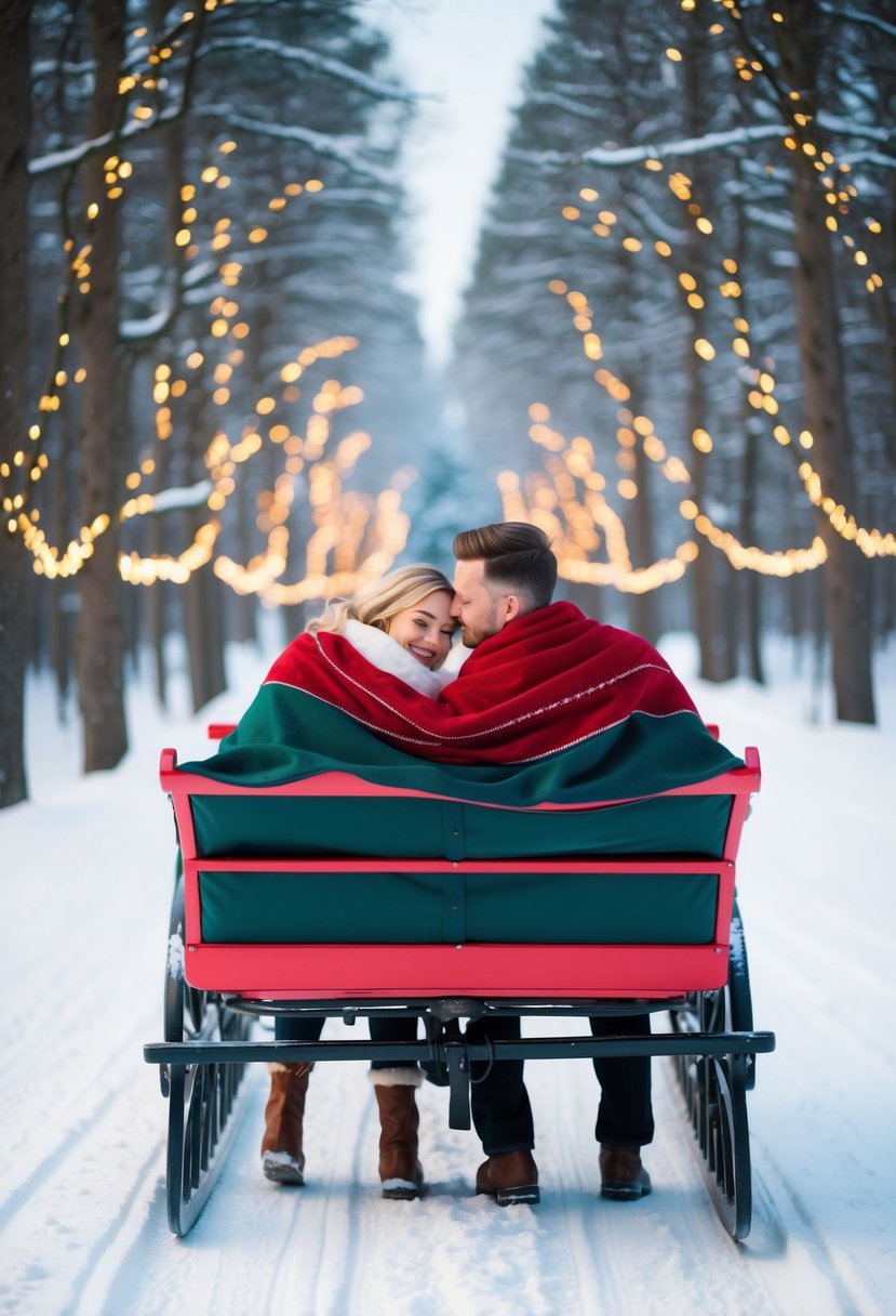 A couple snuggles under a warm blanket on a horse-drawn sleigh ride through a snowy forest, surrounded by twinkling lights and the magic of Christmas