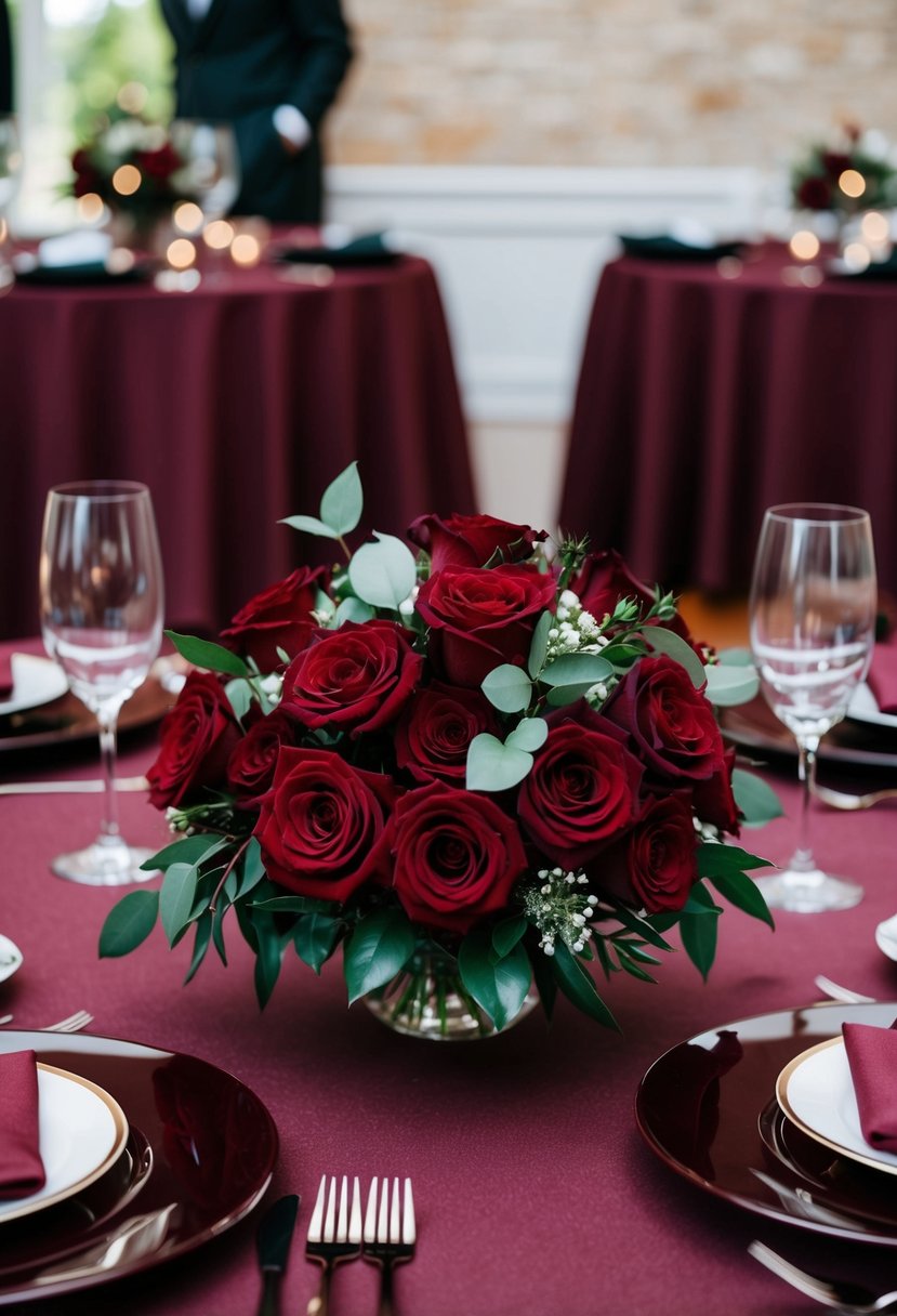 A wine red wedding bouquet surrounded by deep red roses and burgundy table settings