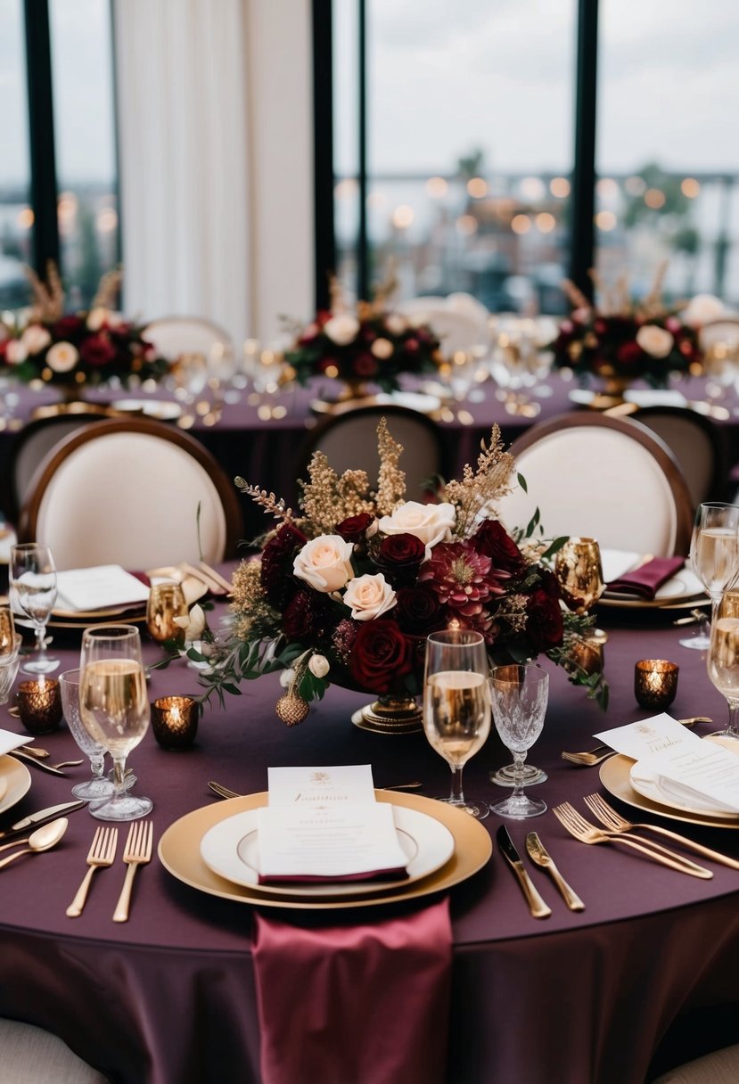 A lavish wedding table setting with deep marsala and shimmering gold accents. Rich fabrics and elegant florals create a luxurious and romantic atmosphere