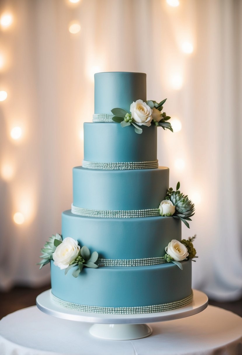 A three-tiered dusty blue wedding cake adorned with sage green floral accents sits on a white table against a backdrop of soft, romantic lighting