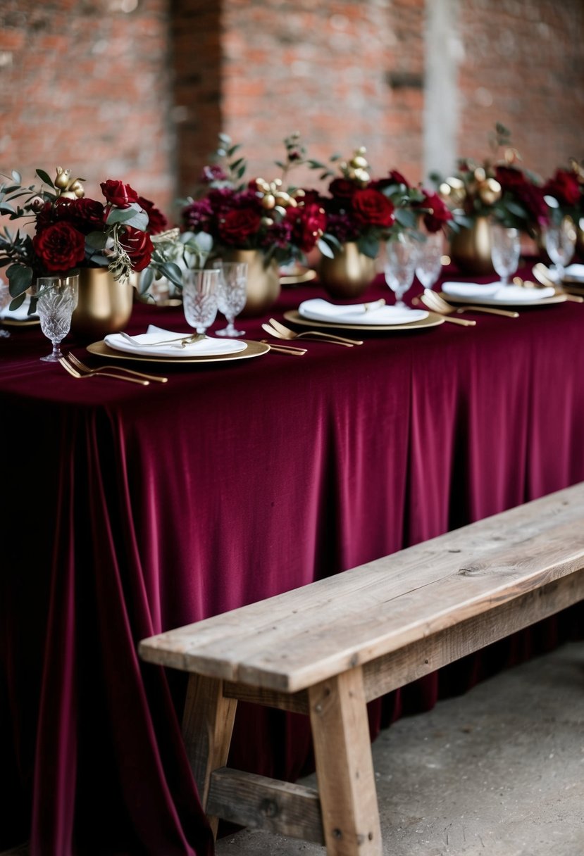 A rich burgundy velvet tablecloth drapes over a rustic wooden table, adorned with wine red floral centerpieces and elegant gold accents