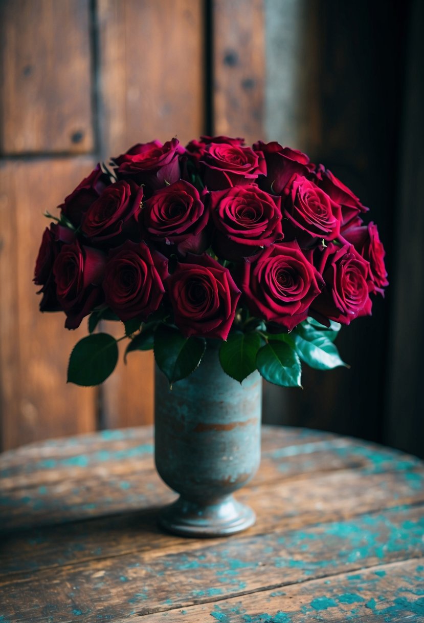 A lush bouquet of deep red roses arranged in a rustic vase on a weathered wooden table