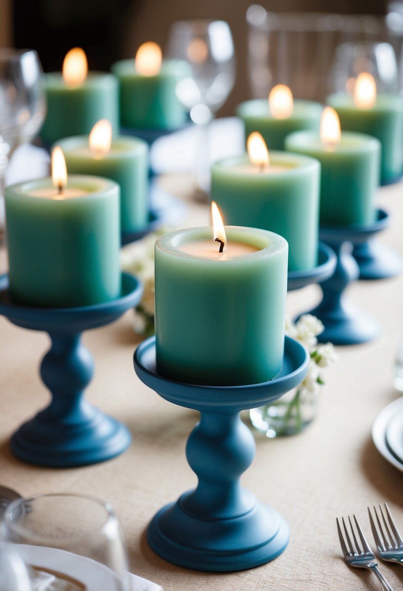 Sage green candles in dusty blue holders arranged as centerpieces