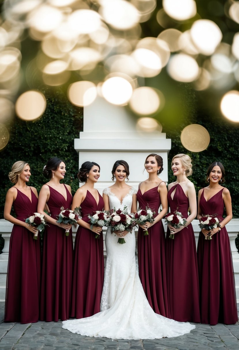 A group of bridesmaid dresses in a rich wine red color, arranged in a stylish and elegant setting