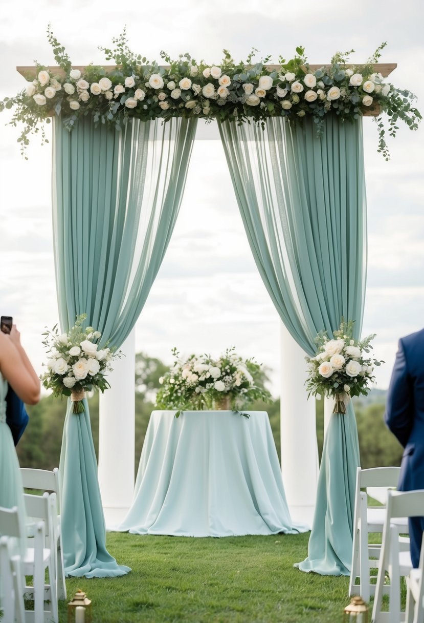 A sage green and dusty blue wedding altar with flowing white drapes