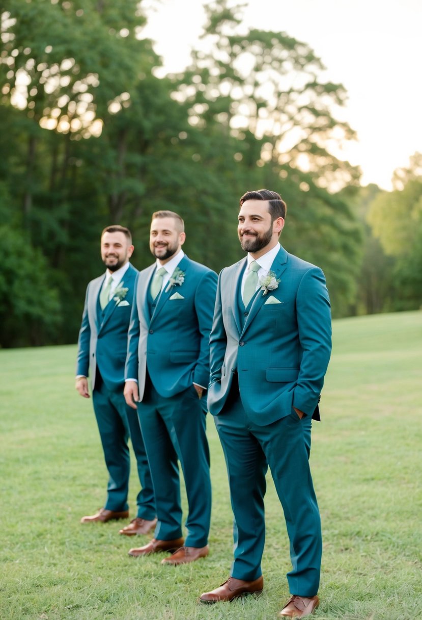 A groom's party wearing dusty blue and sage green boutonnières at a rustic outdoor wedding