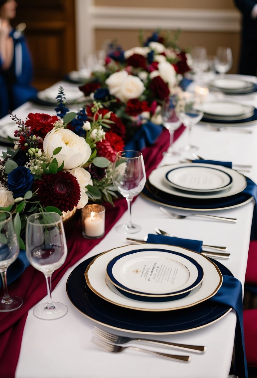 A elegant wedding table adorned with deep red and navy accents, set with glasses of merlot, and decorated with rich floral centerpieces