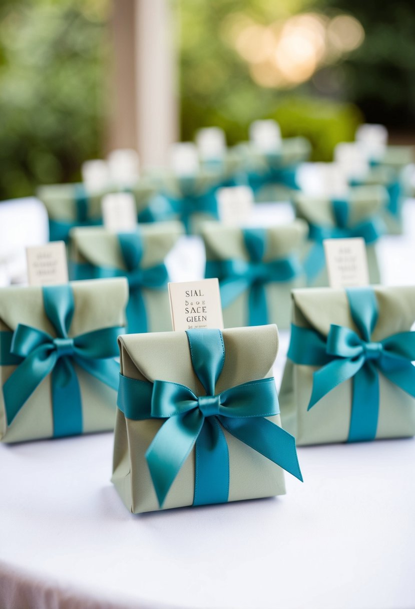 Sage green wedding favors tied with dusty blue ribbon, arranged on a table