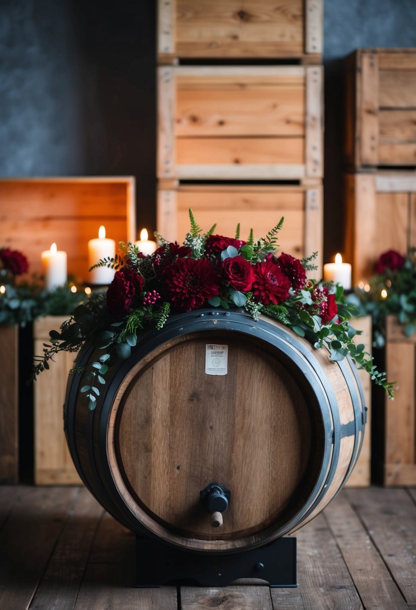 A rustic wine barrel adorned with deep red flowers and greenery, set against a backdrop of wooden crates and flickering candlelight