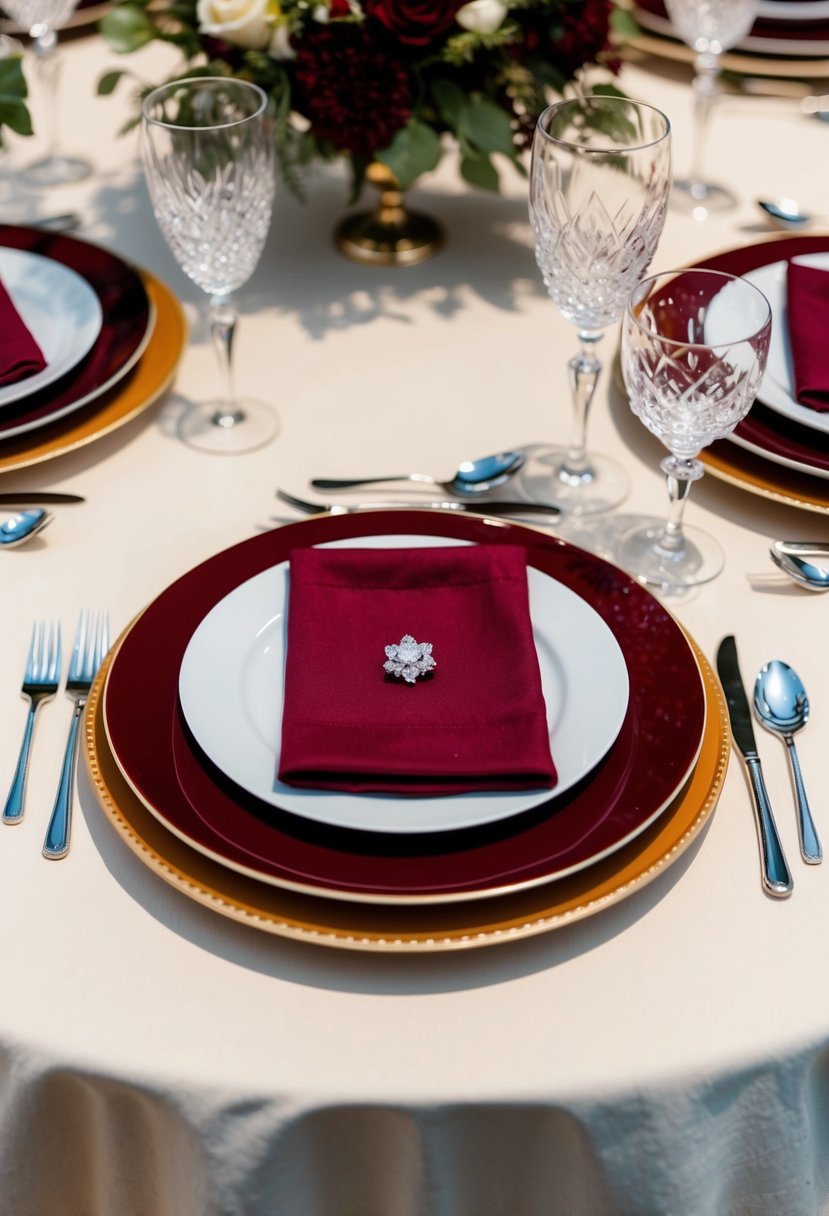 A table set with crimson and cream tablecloth, wine red plates, and matching napkins, with elegant silverware and crystal glassware