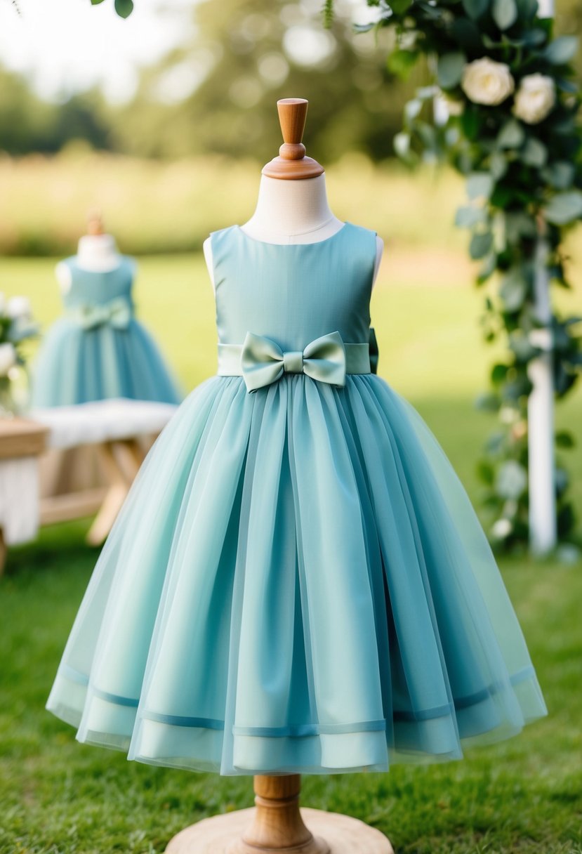 Dusty blue flower girl dresses with sage green bows in a rustic wedding setting with greenery and soft lighting