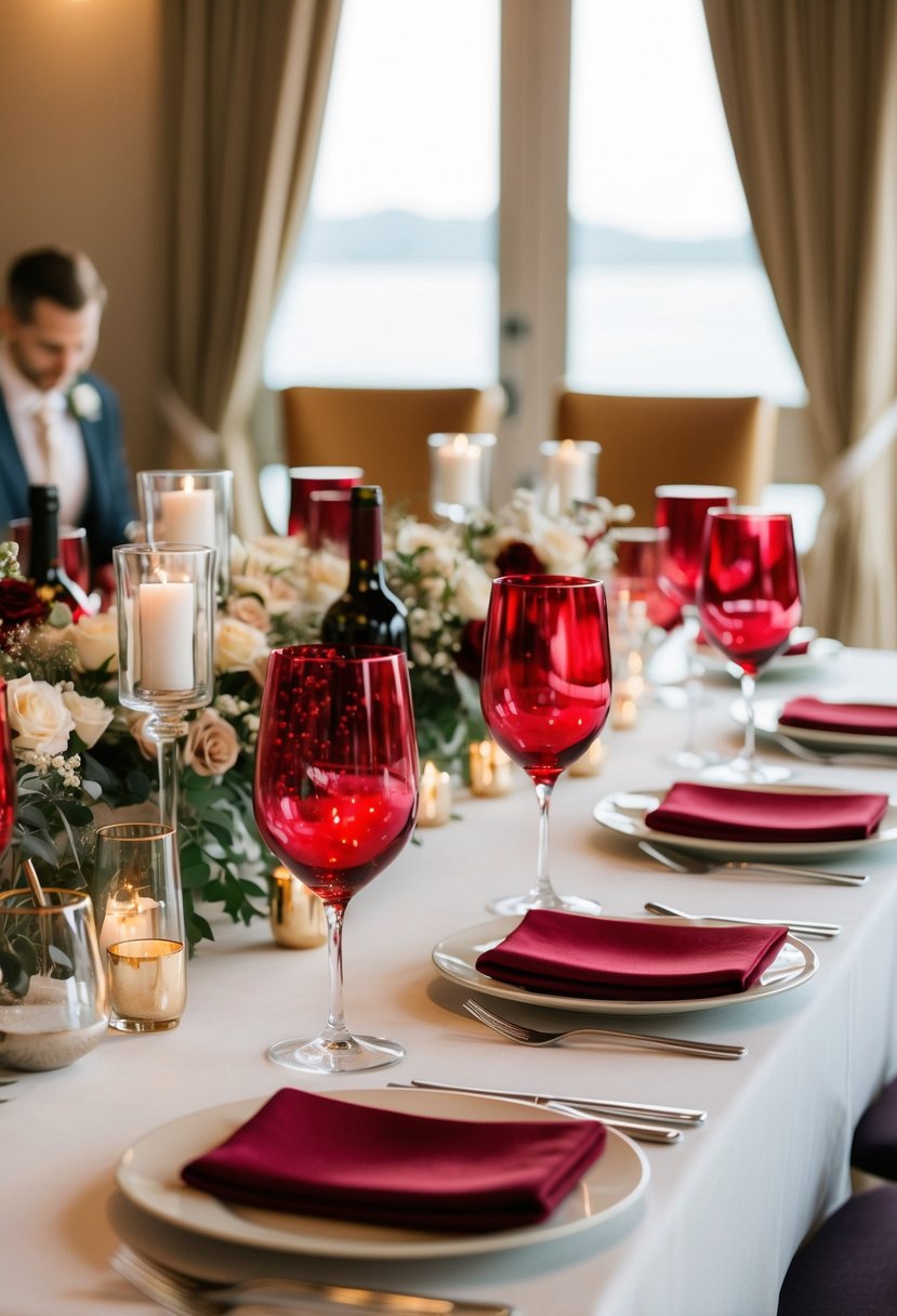 A table set with ruby red glassware and wine accents for a wedding celebration