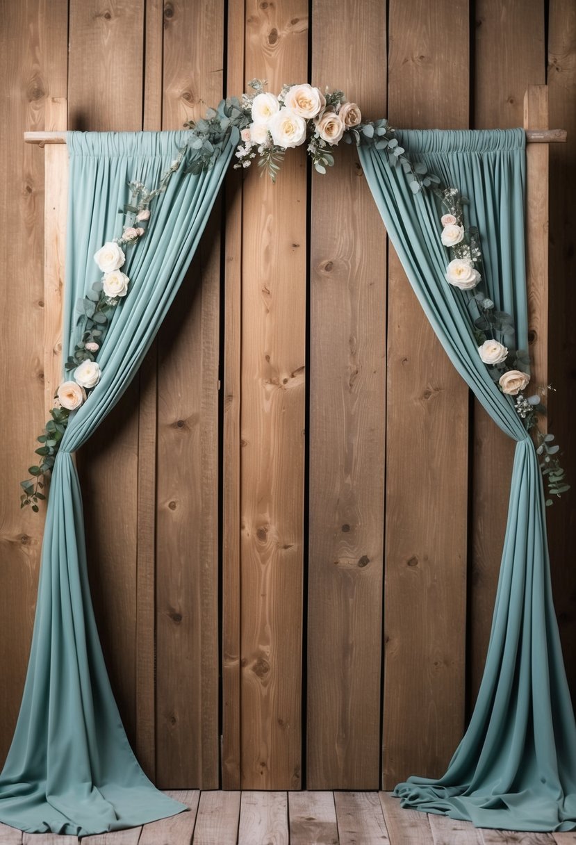 A rustic wooden photo booth backdrop adorned with sage green and dusty blue fabric drapes and floral accents