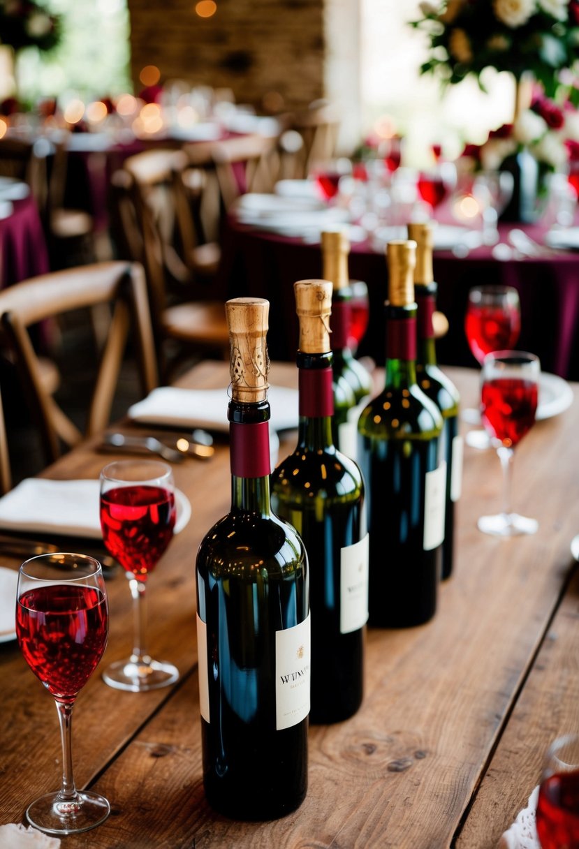 A rustic wooden table adorned with vintage wine bottle centerpieces in deep red hues, creating a romantic and elegant atmosphere for a wedding celebration