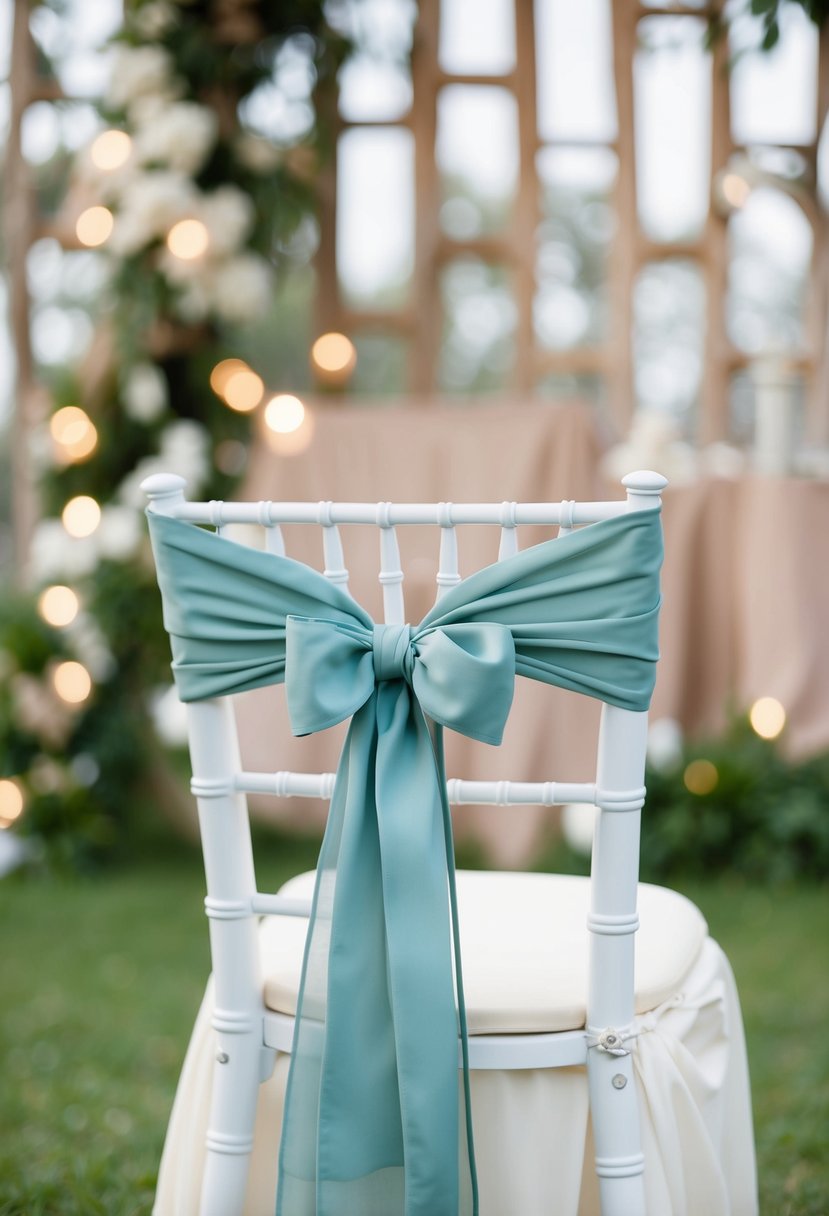 A sage green chair sash tied with a dusty blue bow, set against a backdrop of rustic wedding decor