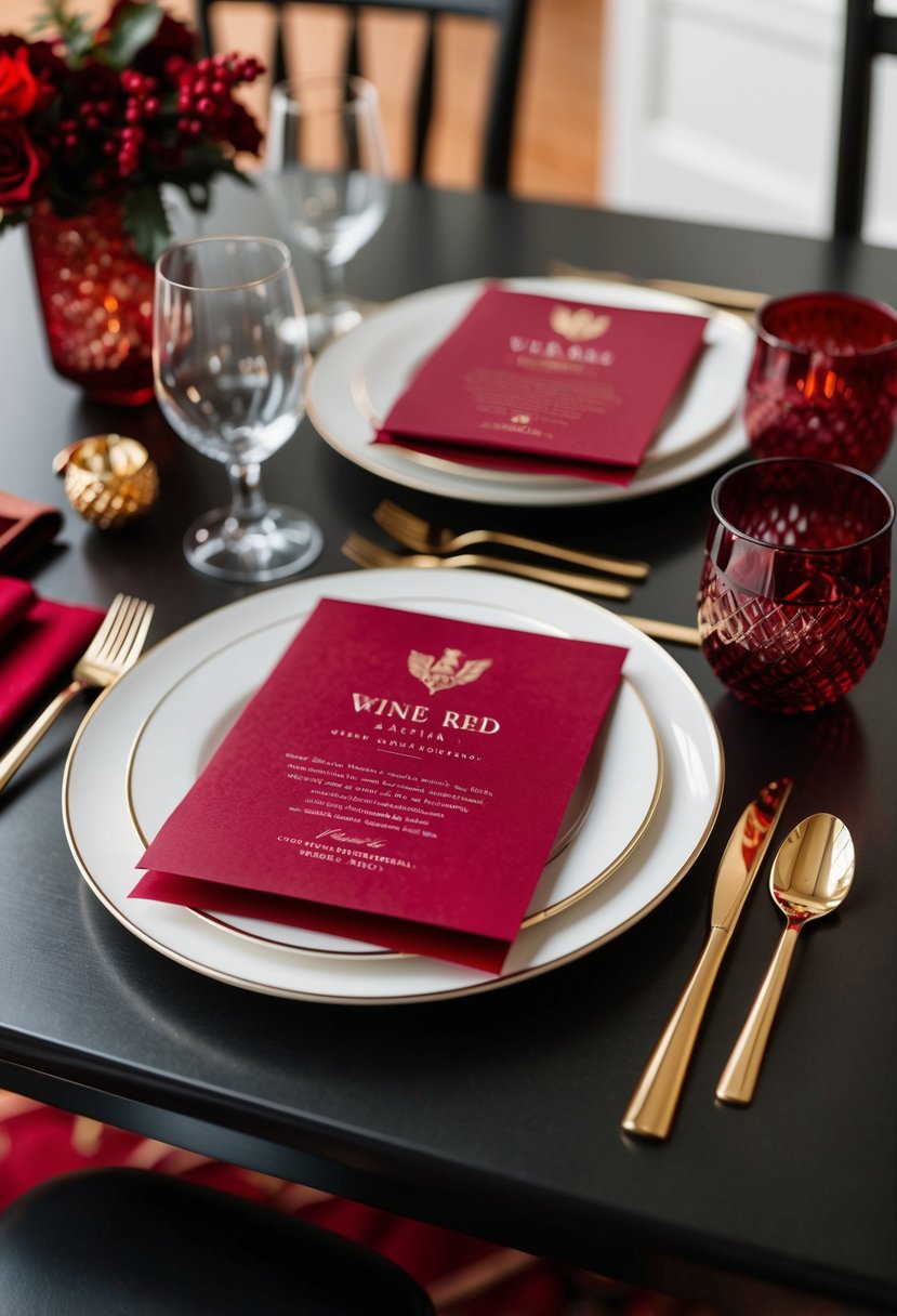 A table set with wine red stationery, adorned with garnet-inspired designs and accents