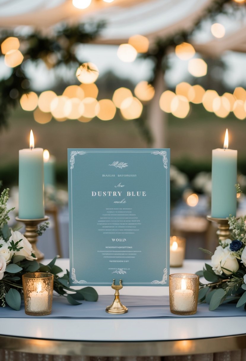 A dusty blue and sage green wedding program displayed on a decorated table with floral arrangements and candles