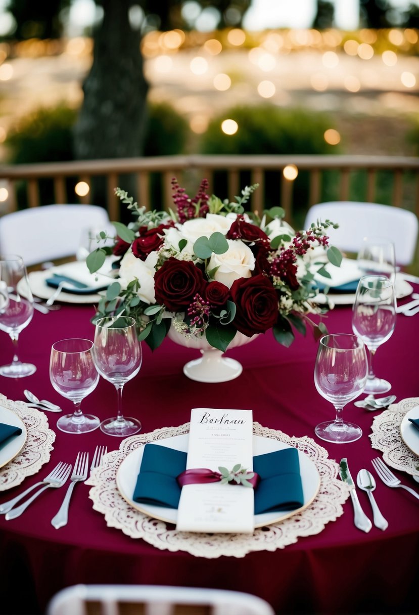 A wine red wedding table adorned with Bordeaux lace accents and floral centerpieces