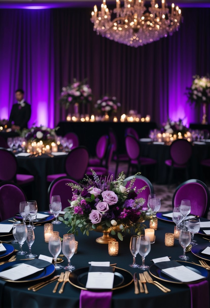 A black and purple wedding reception with elegant floral centerpieces, rich velvet tablecloths, and moody lighting creating a romantic atmosphere