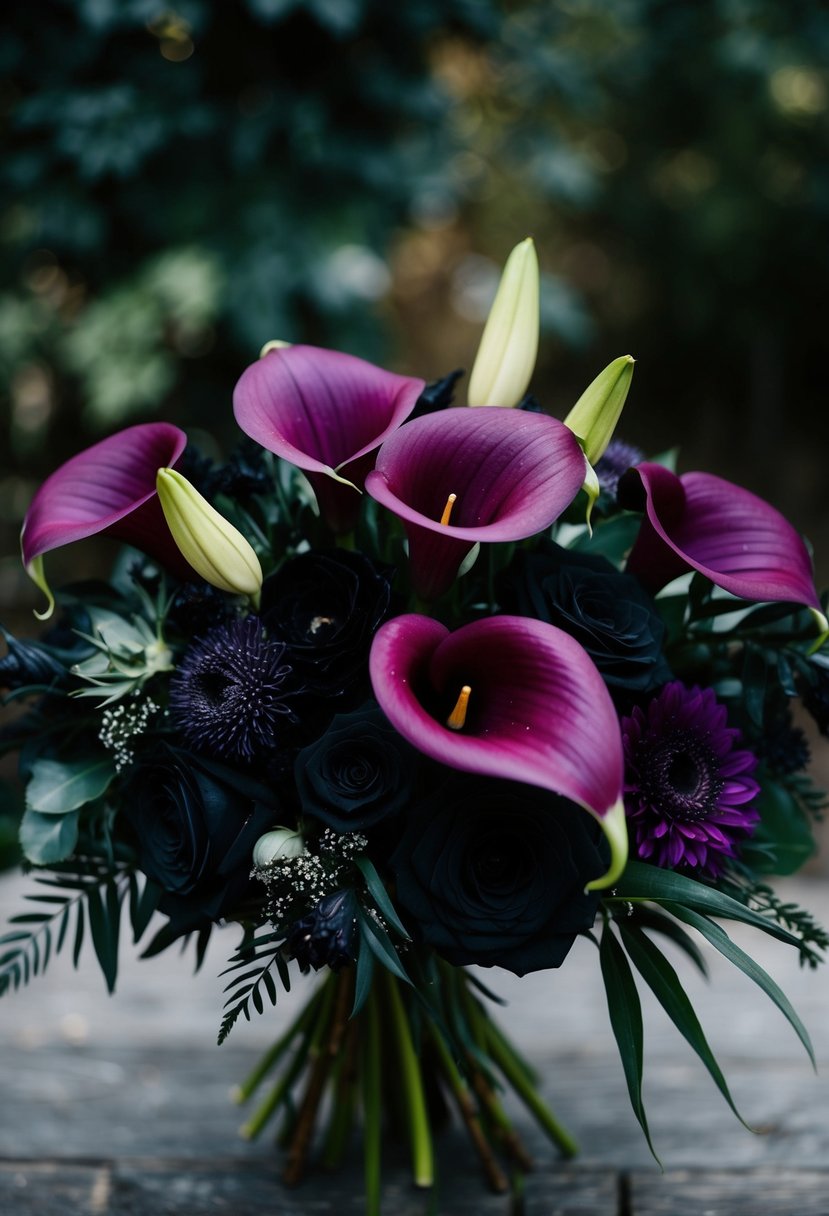 A moody wedding bouquet featuring deep purple calla lilies amidst a mix of black and purple flowers