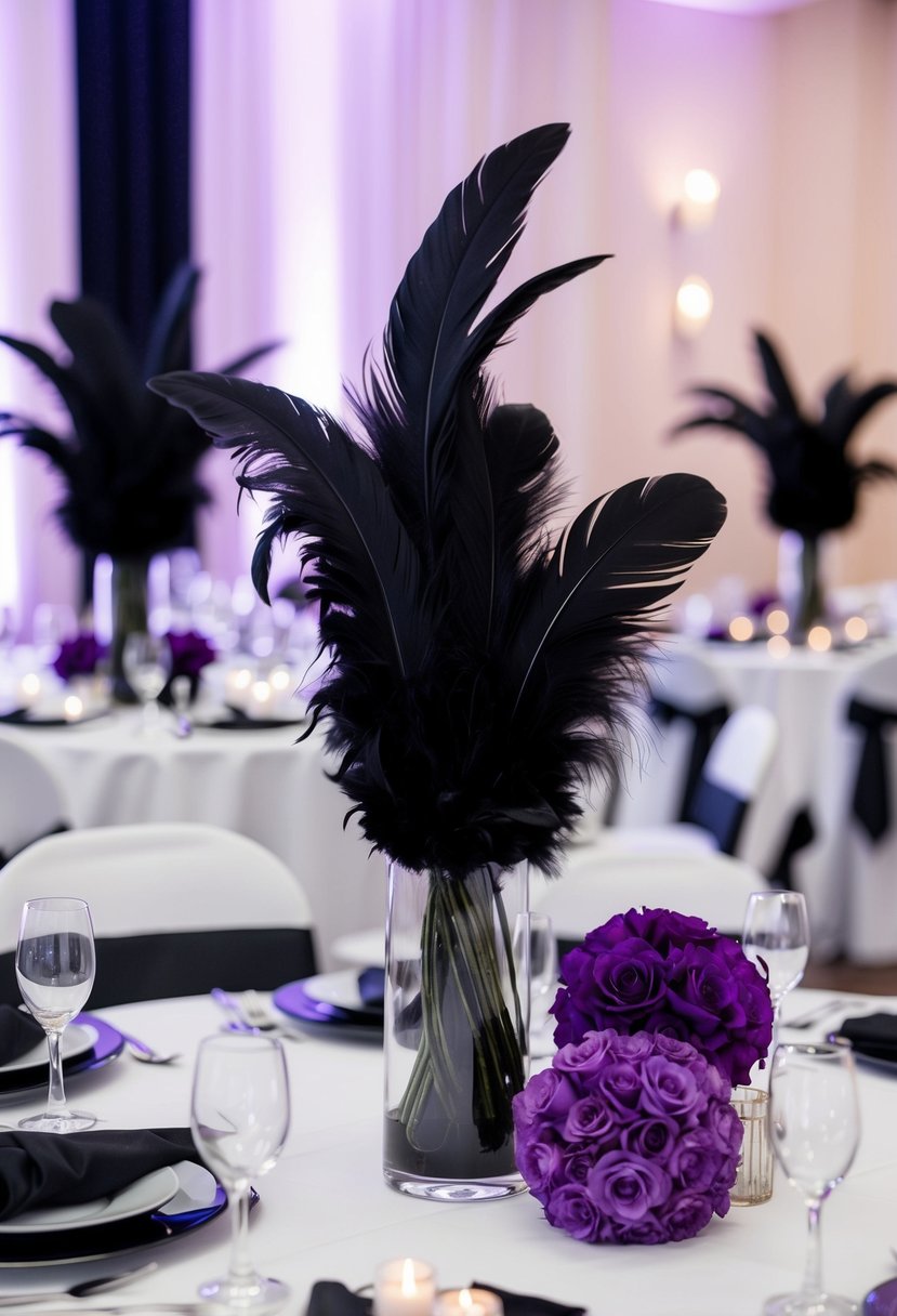 Black feathers intertwined with purple flowers in elegant table centerpieces for a black and purple wedding theme